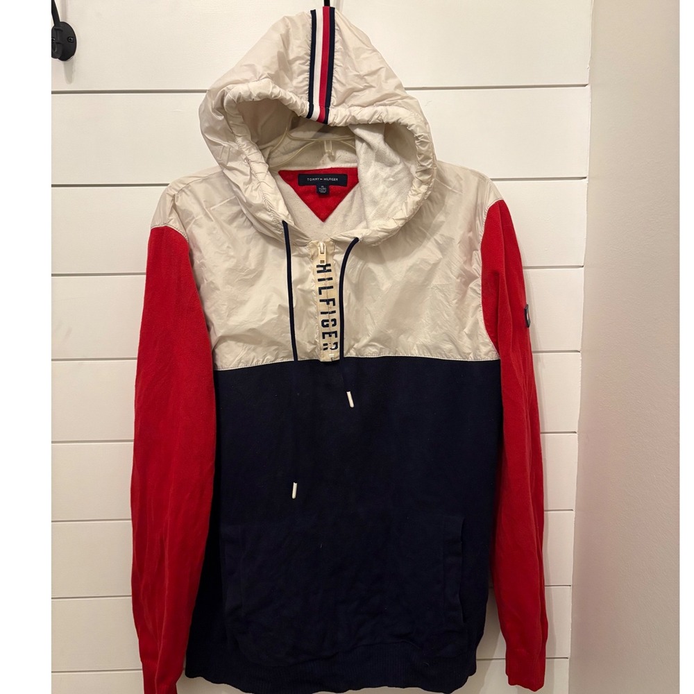 Tommy Hilfiger Color Block Hoodie Sweatshirt Mens XL Pullover Quarter‎ Zip Red